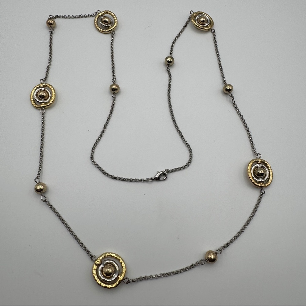 Mixed Metal Long Necklace Silver Gold Tone Spinning Rings Beads 36”